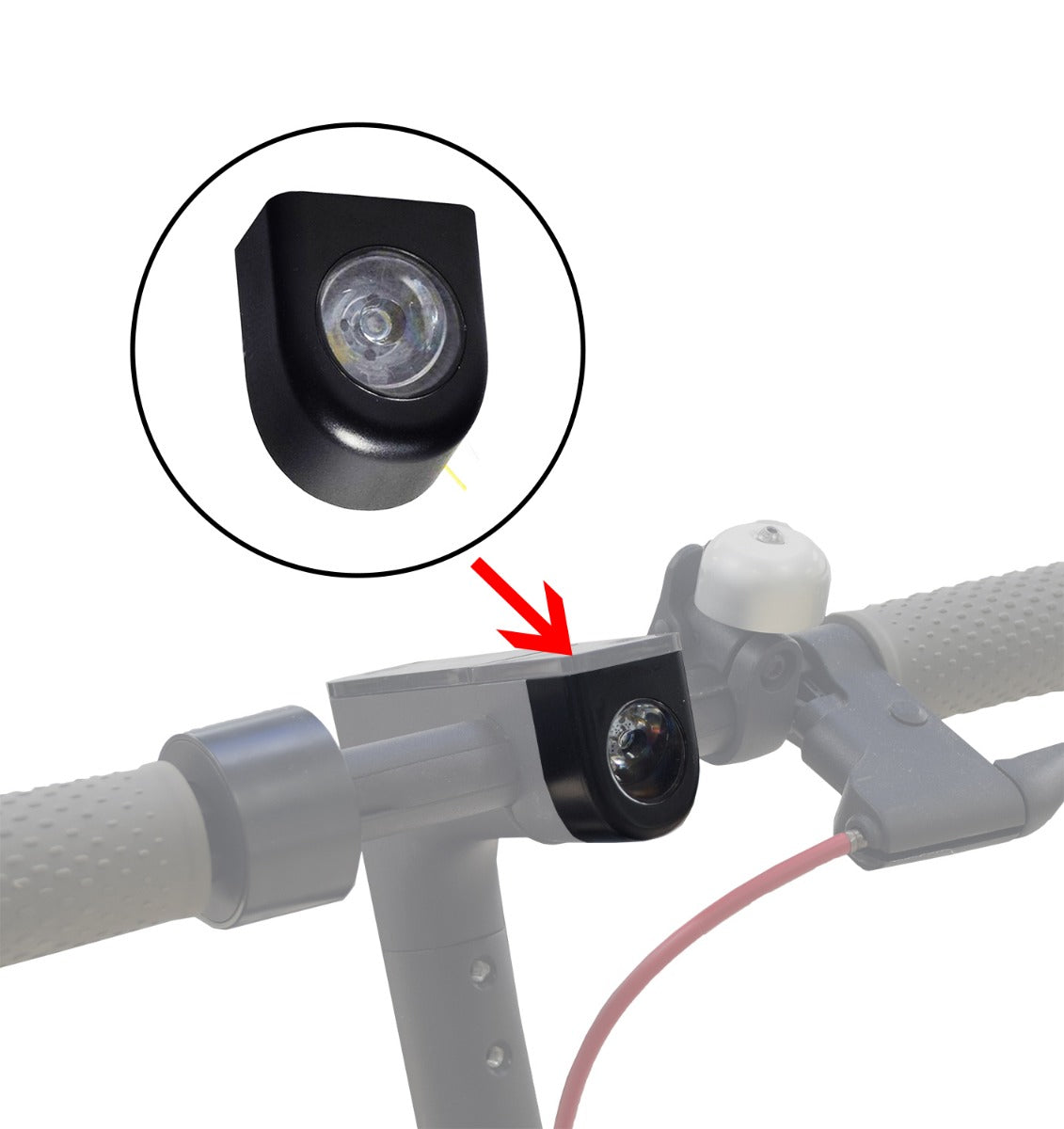 Headlight for the Xiaomi Mi M365 electric scooter, showing a close-up of the handlebar-mounted light with a clear lens and a 2-wire harness attached.