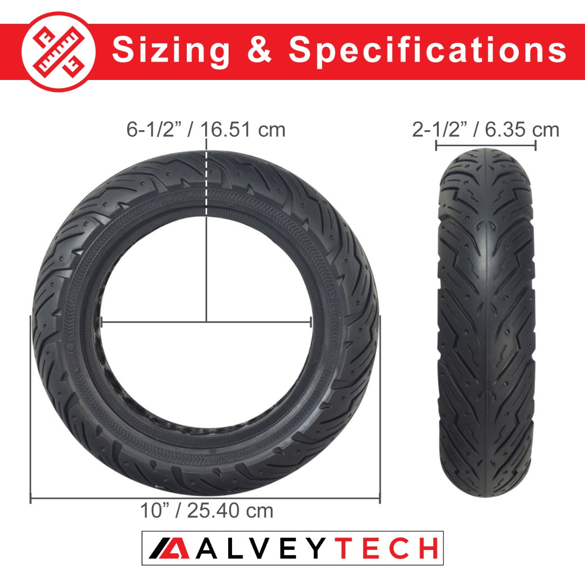 Solid 10x2.50 Tire with DY-036-01 Tread for Ninebot Max G30 Scooter, showcasing puncture-proof, durable solid rubber and classic Euro-scooter tread pattern, with tire size comparison measurements visible.