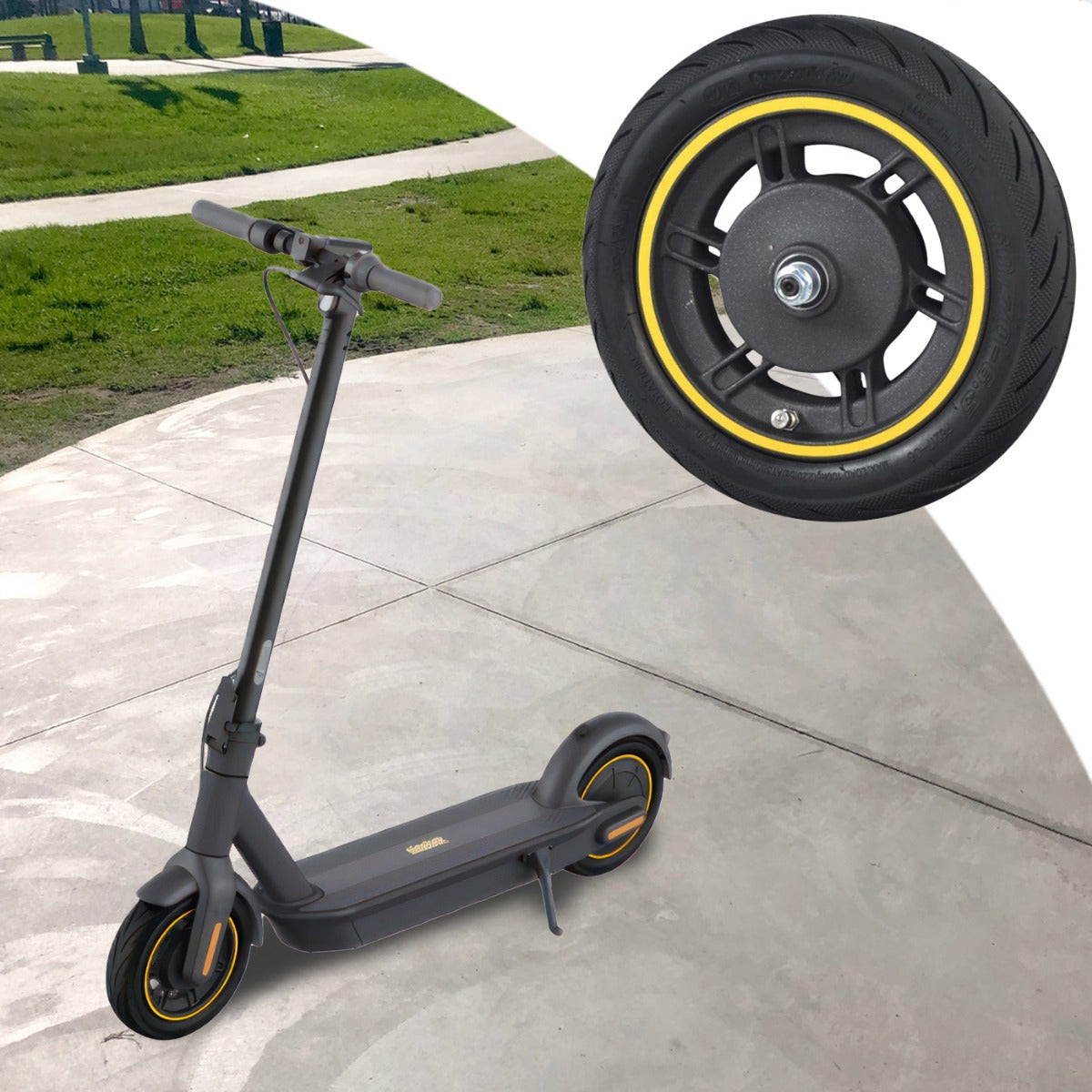 Pneumatic Front Wheel Assembly for the Ninebot MAX G30 Scooter (Blemished) showing a black tire with a yellow rim on a concrete surface, highlighting a close-up of the wheel and screw details.