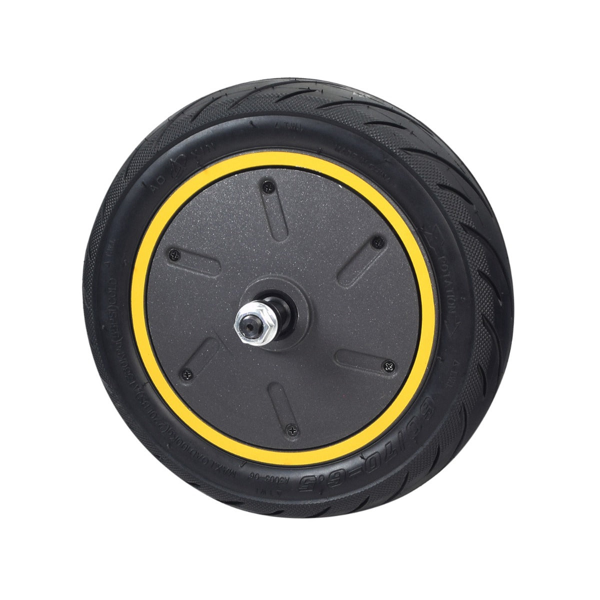 Hub Motor & Rear Wheel with Solid Tire for the Ninebot MAX G30 Scooter (Blemished) features a black and yellow wheel with a screw, including a minor axle thread blemish.