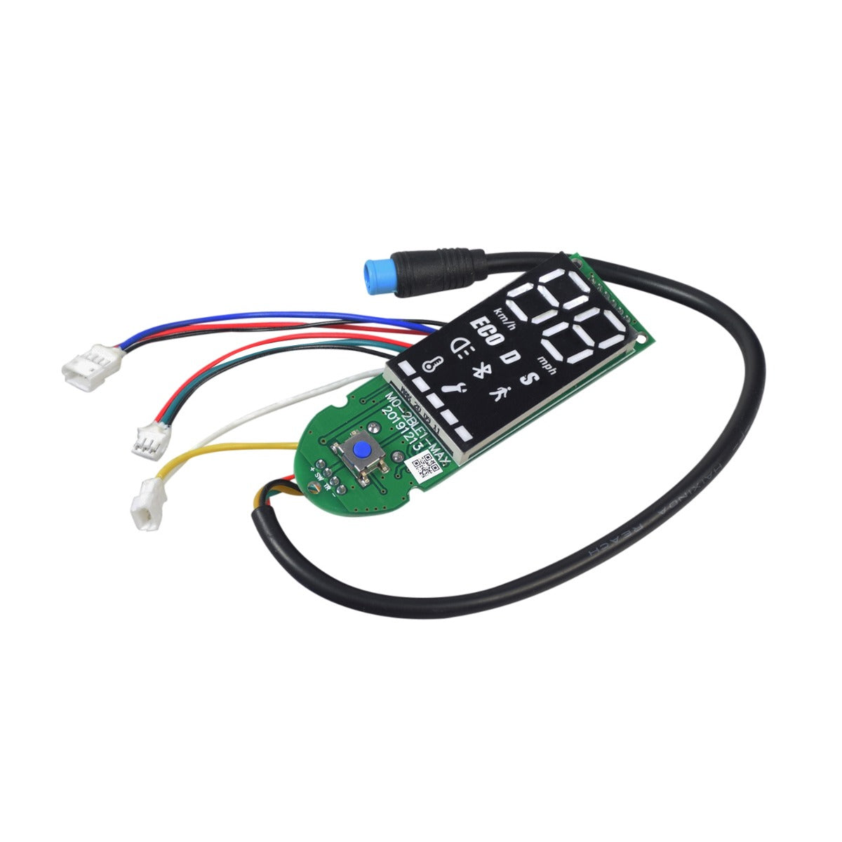 Bluetooth Board & Harness for the Ninebot MAX G30 Scooter, featuring a green circuit board with attached black wires and an LED panel for displaying speed and other riding information.