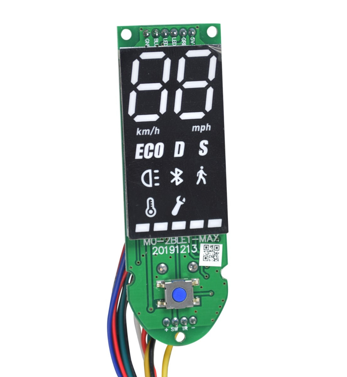 Close-up of the Bluetooth Board & Harness for the Ninebot MAX G30 Scooter, showcasing the green circuit board with an attached QR code and colored wires, essential for the scooter's console and functionality.