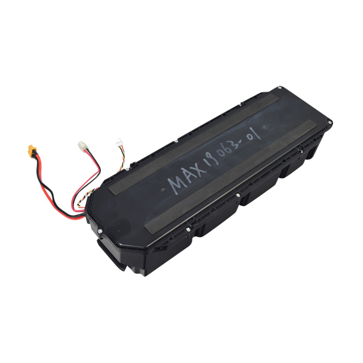 Lithium-ion Battery Pack for the Ninebot MAX G30 Scooter, showing a black rectangular device with attached red and black wires, ideal for efficient, quick recharges in a lightweight, powerful form.