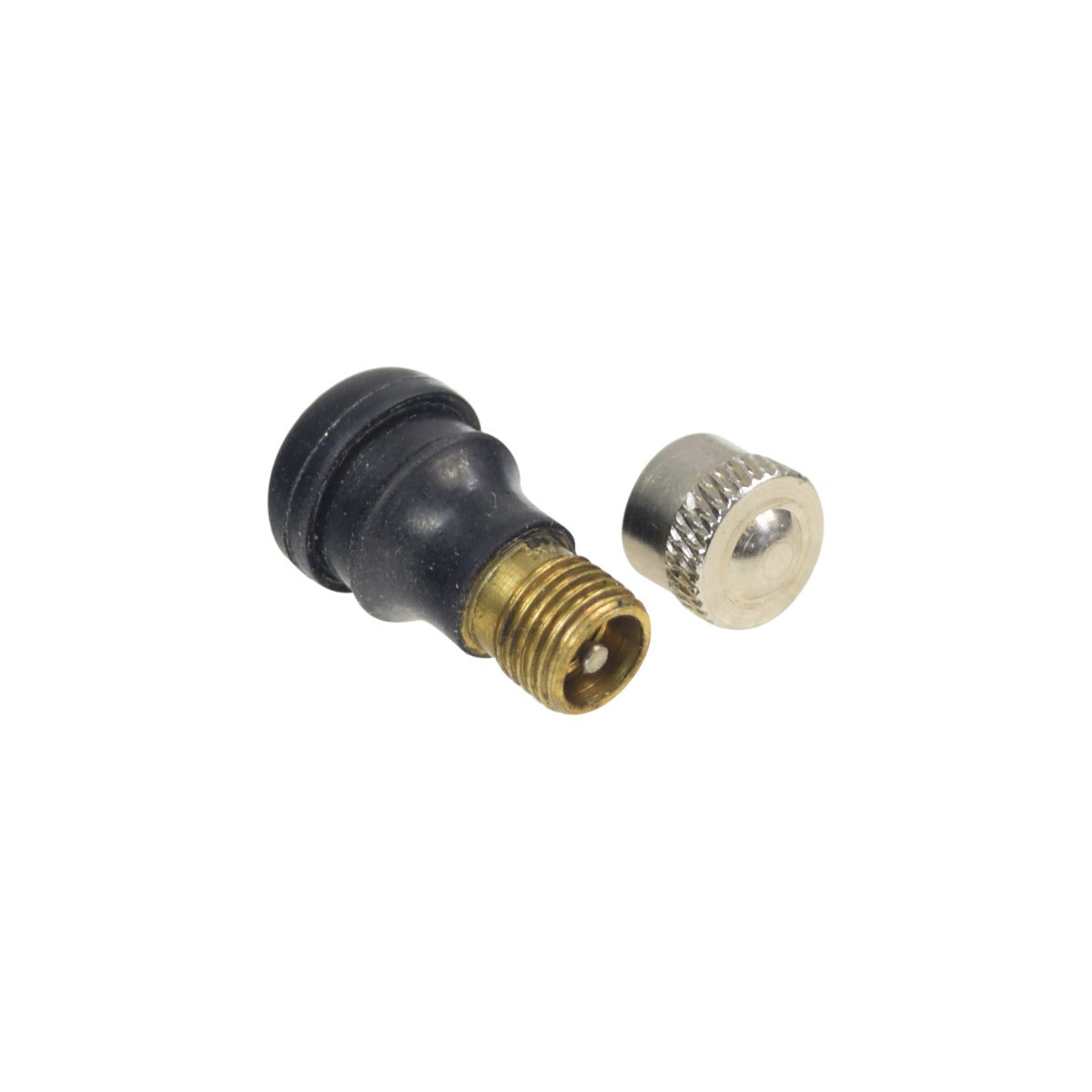 Straight Schrader Valve Stem for Tubeless Pneumatic Scooter Tires, featuring a black and gold metal body with a metal screw-on cap, ideal for rims with a 7/16 (11 mm) valve hole.