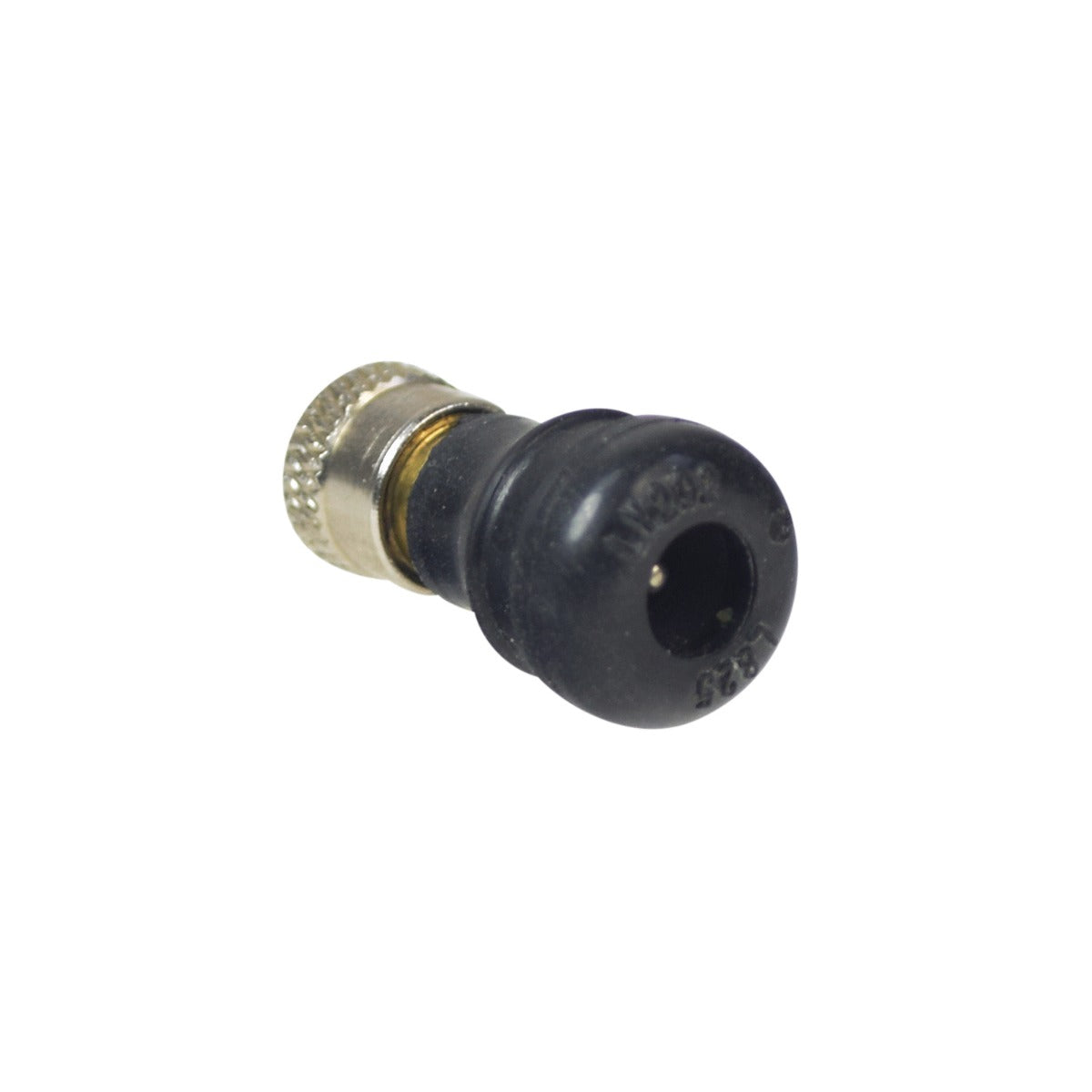 Straight Schrader Valve Stem for Tubeless Pneumatic Scooter Tires, featuring a black and silver metal connector with a screw-on cap, designed for rims with a 7/16 (11 mm) valve hole.