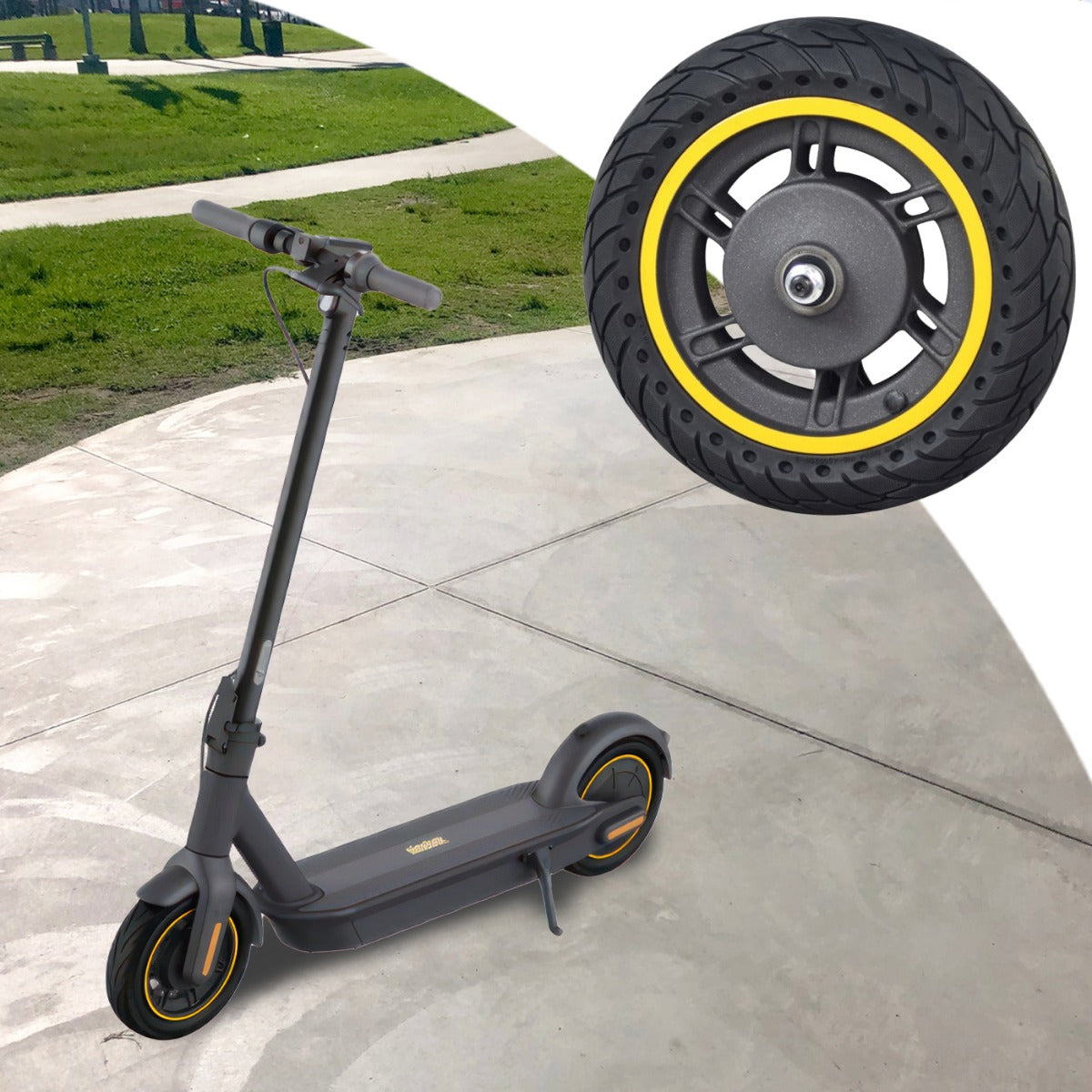 Front Wheel Assembly for the Ninebot MAX G30 Scooter, featuring a wheel with a yellow rim and a fitted tire, shown on a sidewalk.