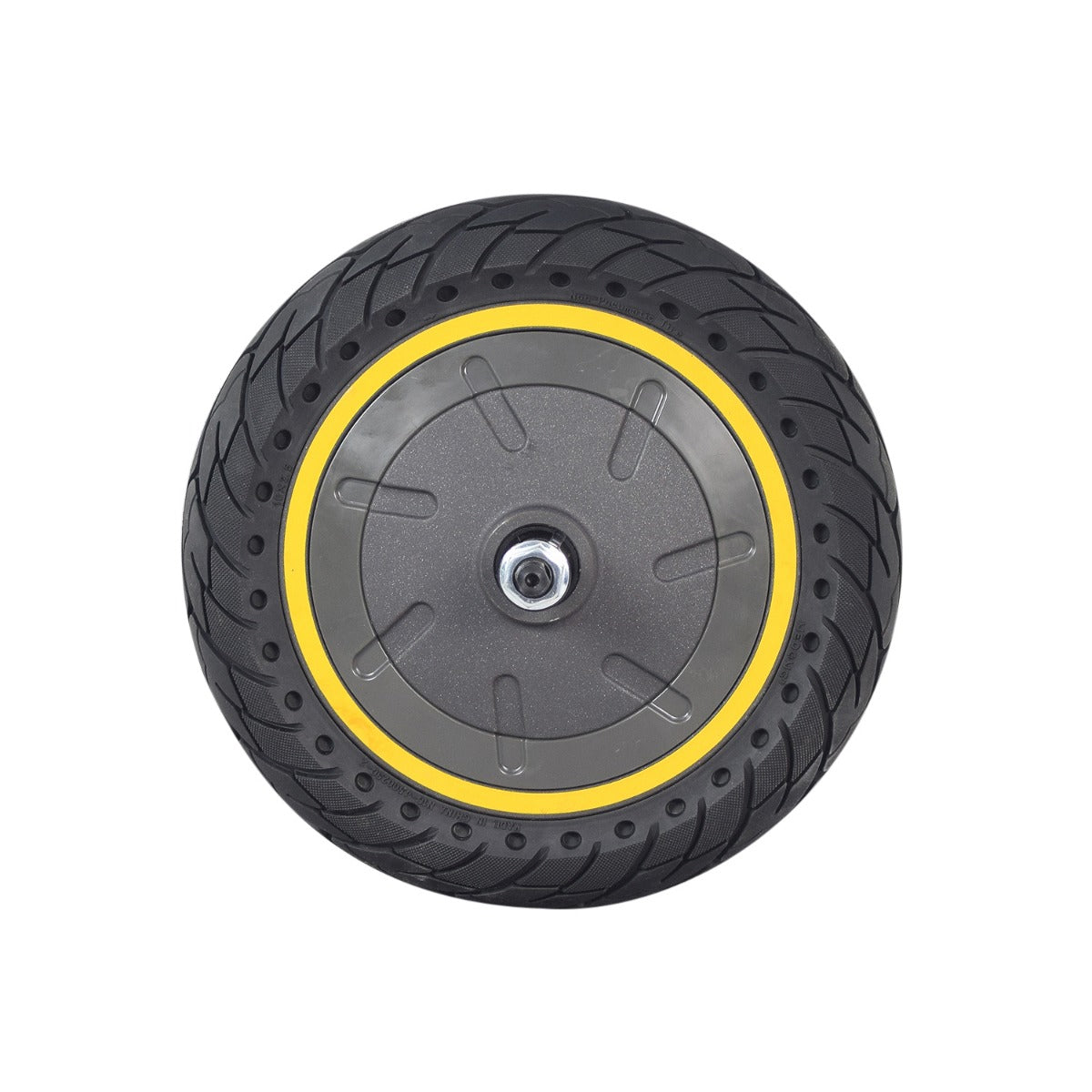 Hub Motor & Rear Wheel with Solid Tire for the Ninebot MAX G30 Scooter (Blemished), featuring a 10 yellow-rimmed, flat-free solid tire and visible screw on one end of the axle.