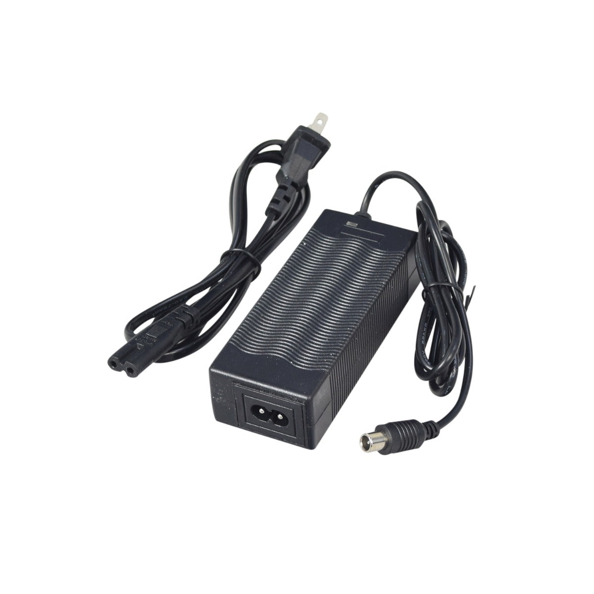 42 Volt 1.0 Amp 8 mm (OD) Coaxial Battery Charger with black power cord and cylindrical barrel plug, designed for Lithium-ion batteries, compatible with electric scooters like Ninebot by Segway ES1.