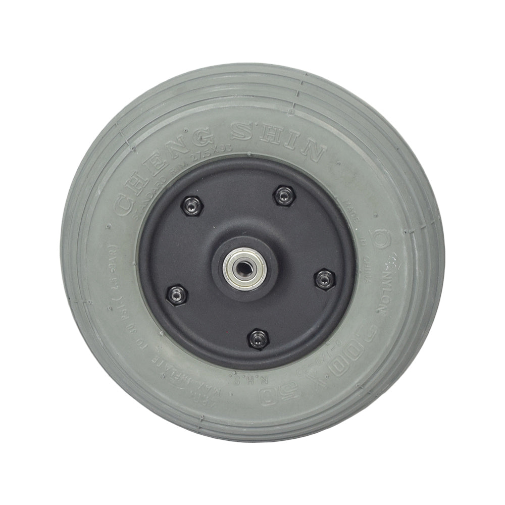 8x2 (200x50) Front Caster Wheel Assembly for the Rascal 312 Turnabout, featuring a black rim and visible screws, designed for the power chair's front wheel replacement.