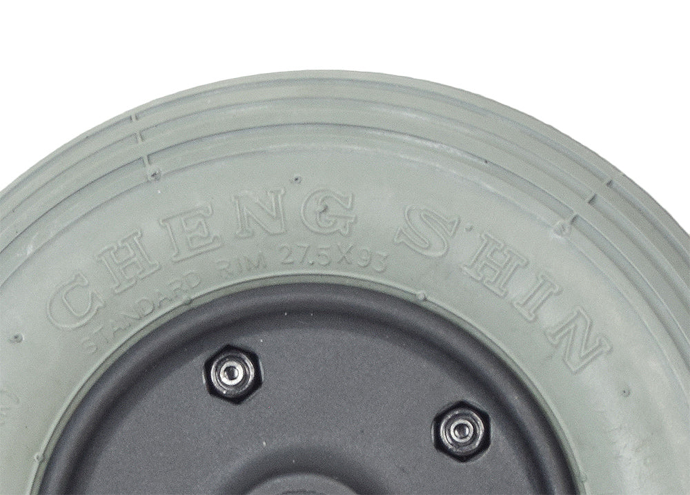 Close-up of the 8x2 (200x50) Front Caster Wheel Assembly for the Rascal 312 Turnabout power chair, showcasing the genuine Rascal part's detailed design and circular shape.