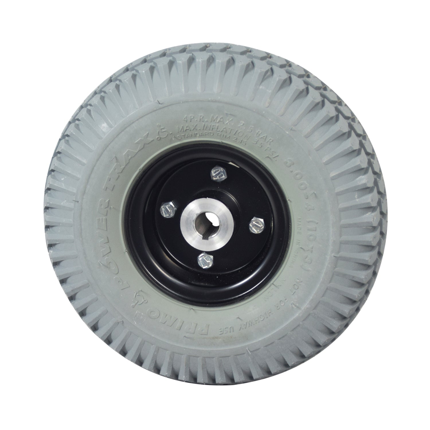 3.00-4 (10x3, 260x85) Pneumatic Rear Wheel Assembly for the Rascal 235, 245, 305, and 600 Series, showcasing a black rim with a center hole, designed for heavy-duty electric mobility scooters.