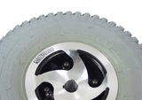 Close-up of a 3.00-4 (10x3, 260x85) Pneumatic Rear Wheel Assembly for Rascal 235, 245, 305, and 600 Series scooters, showcasing the tread and rim details.