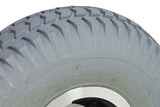 Close-up of the 3.00-4 (10x3, 260x85) Pneumatic Rear Wheel Assembly for Rascal 235, 245, 305, and 600 Series scooters, highlighting detailed tire tread and silver rim.