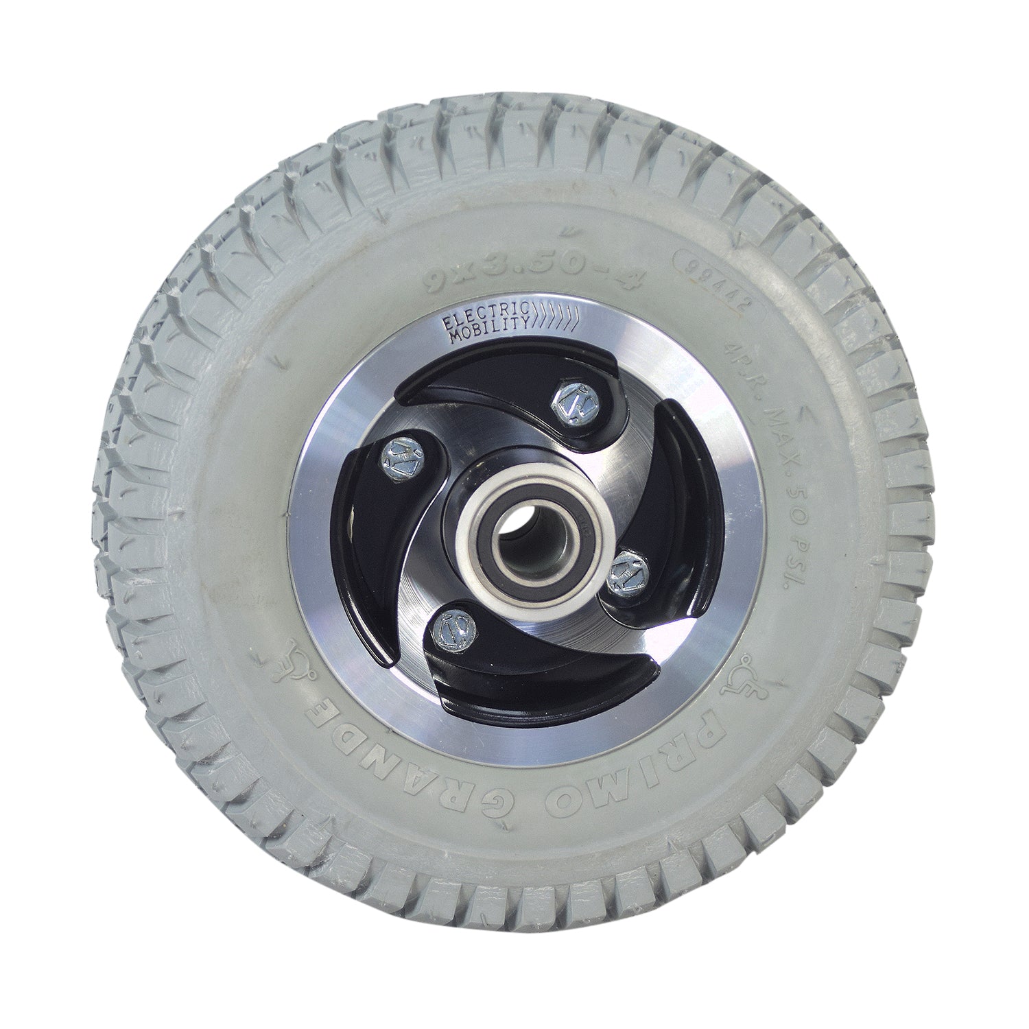 9x3.50-4 Front Wheel Assembly for Rascal Mobility Scooters featuring a metal rim, visible screws, and a detailed wheel bearing.