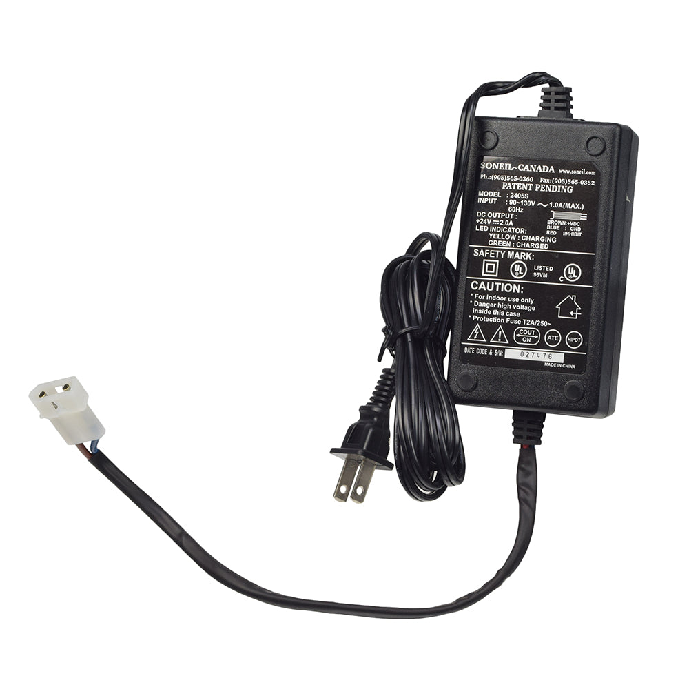 24 Volt 2.0 Amp Battery Charger for the Rascal AutoGo 550, AutoGo 555, and Balance 555 Mobility Scooters, featuring an attached black power cord and white plug, with a close-up of the power supply.