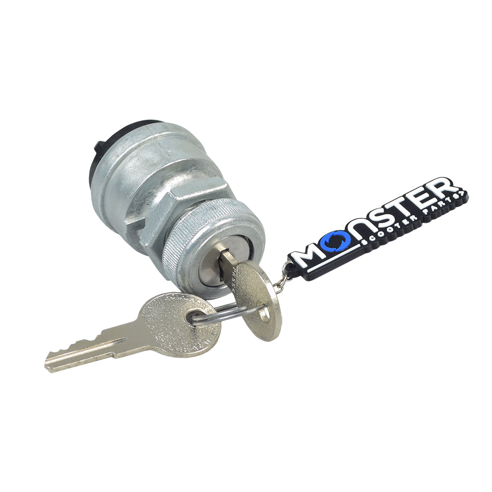 3-Position Key Switch with 2 Keys for Rascal Scooters, showing a metal key and lock cylinder assembly with two keys, designed for Rascal mobility scooters requiring a 3-position switch.