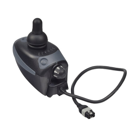 Dynamic Shark DK-REMA03 Joystick Remote for Merits Atlantis 2 (P720), Merits Regal (P310), and Rascal 318 power chairs featuring a black and grey design with a connected bus cable.