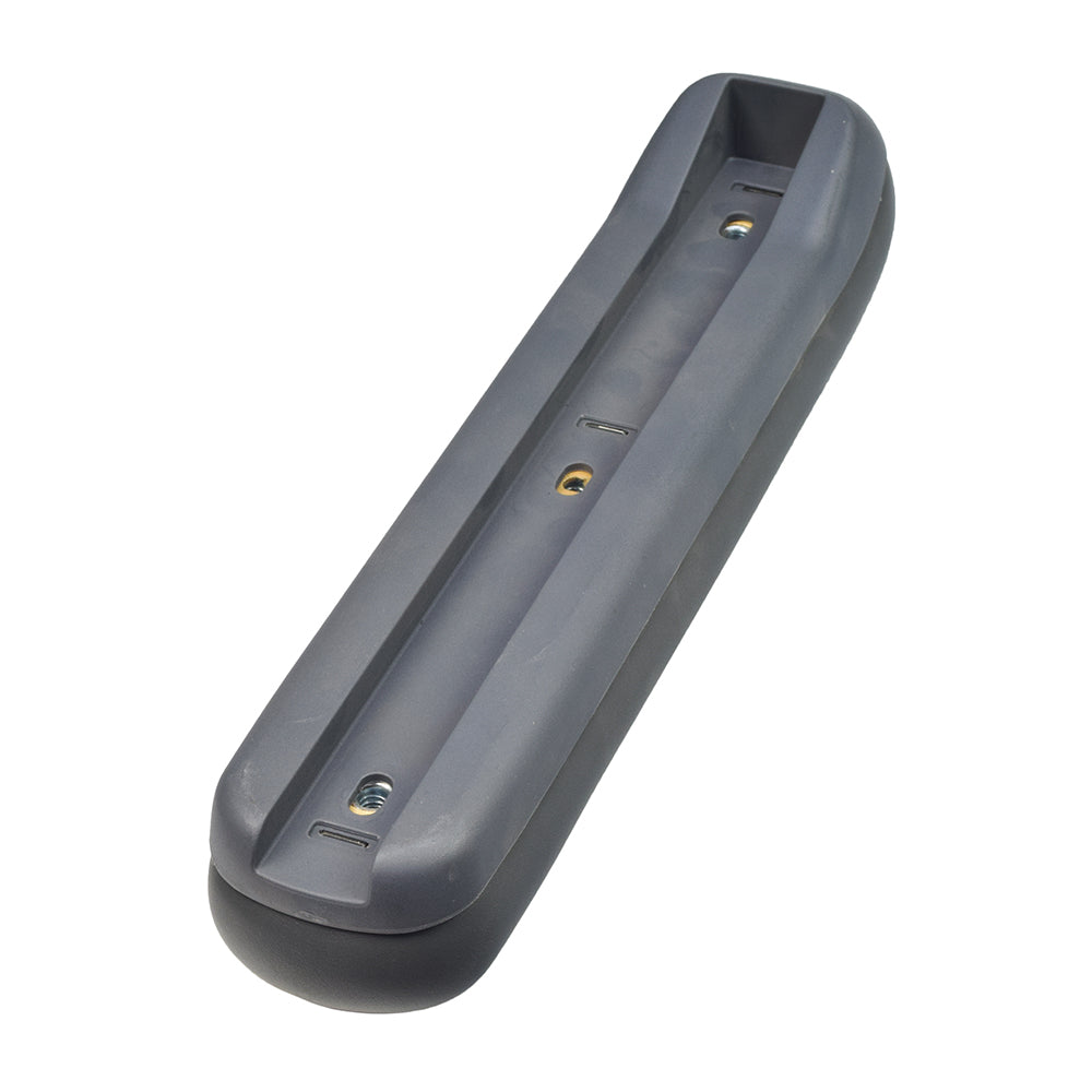 Armrest Pad for the Rascal 600 Series Mobility Scooters (Blemished) featuring a grey rectangular design with visible holes, a black plastic case with screws, and a close-up of a light.