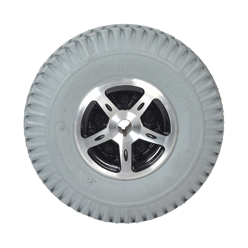 10x3 (3.00-4, 260x85) foam-filled rear wheel assembly with silver rim for Merits Pioneer 3 & 4 scooters, featuring a solid, flat-free design for smooth riding and worry-free performance.