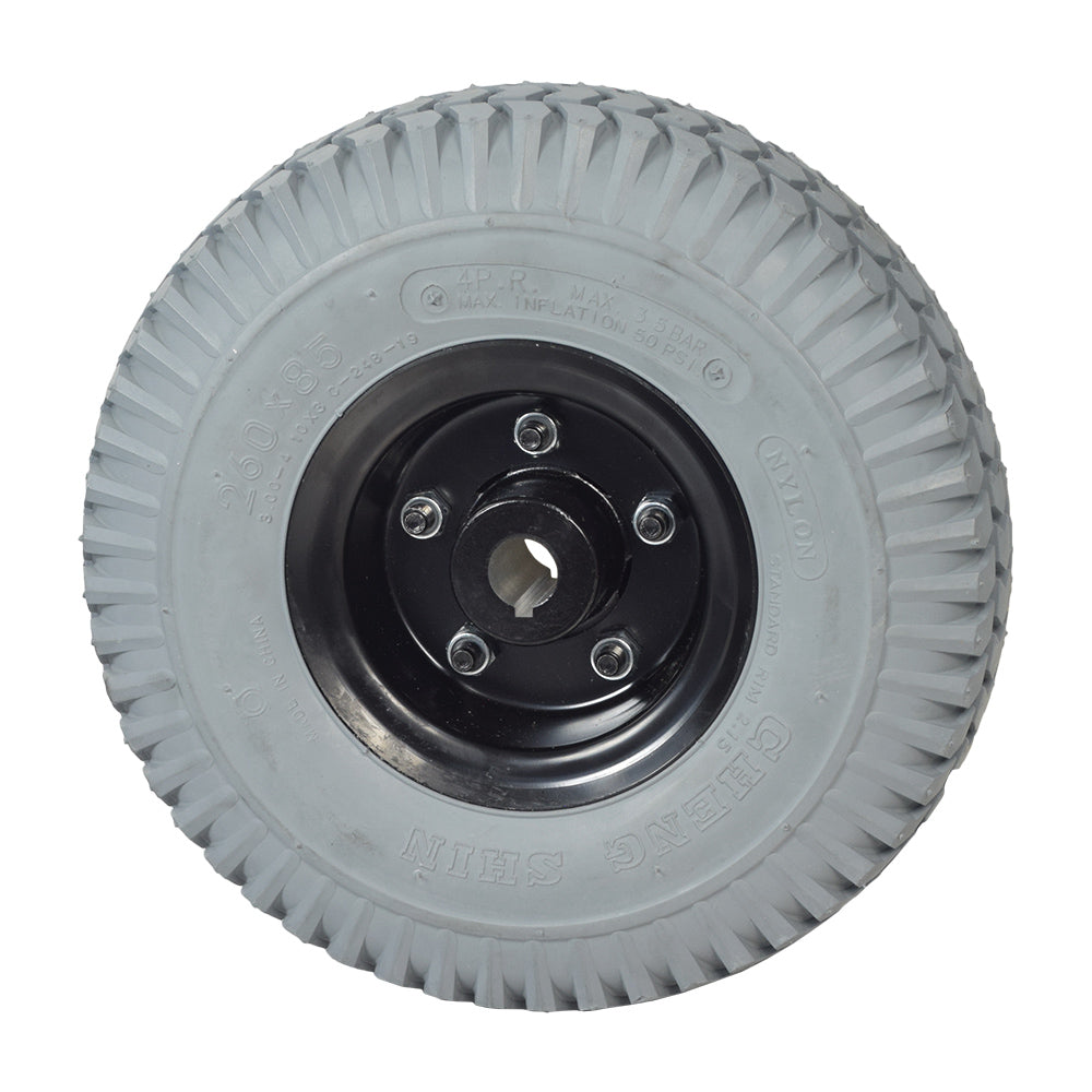 10x3 (3.00-4, 260x85) Foam-Filled Rear Wheel Assembly for the Merits Pioneer 3 & Pioneer 4, featuring a smooth black rim and solid, flat-free tire.