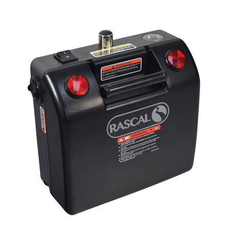 24 Volt 12 Ah Battery Box with Batteries for the Rascal Fold N Go 350/355, featuring integrated red indicator lights and warning labels, designed for easy mounting and separate charging.