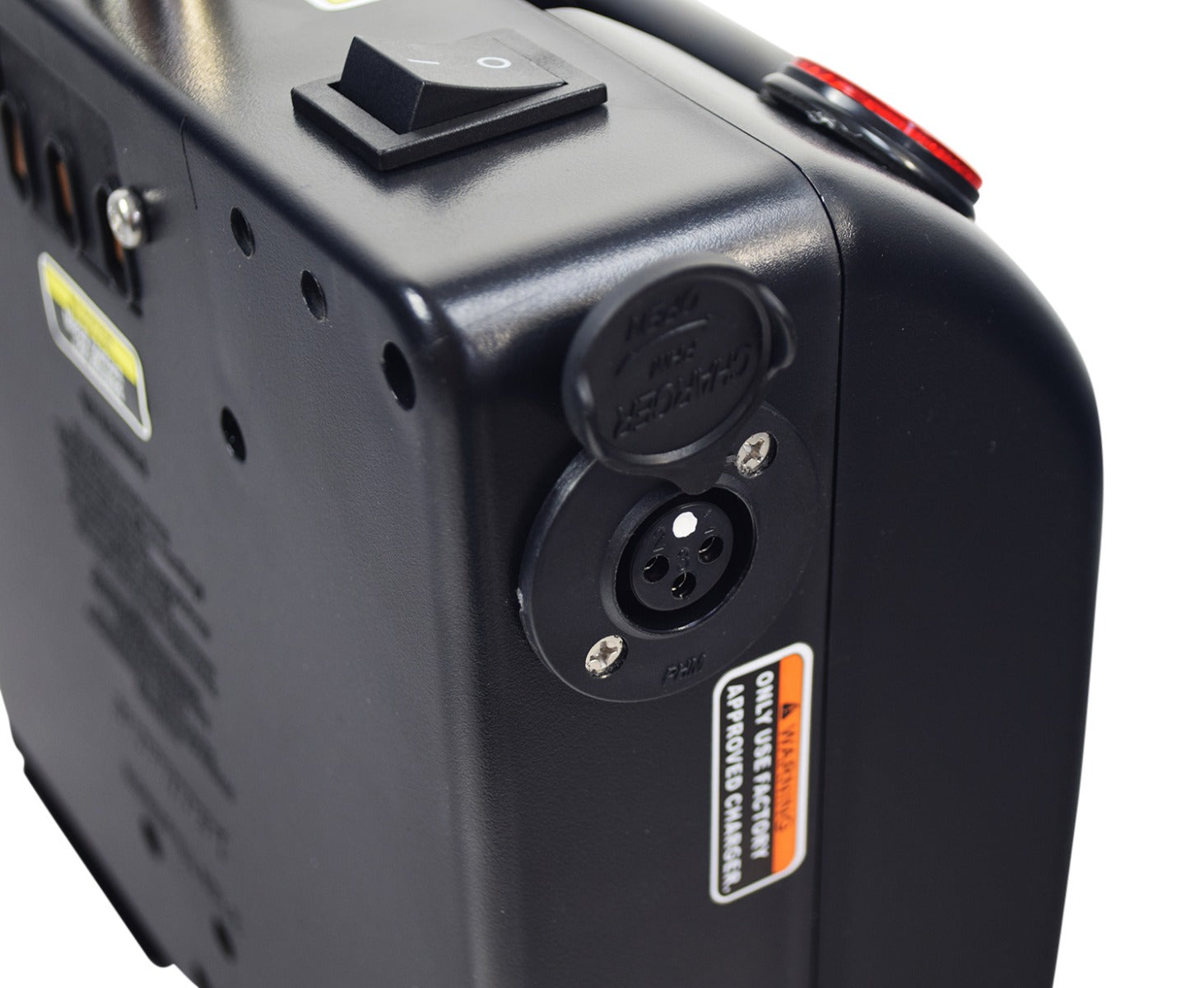 24 Volt 12 Ah Battery Box with Batteries for Rascal Fold N Go 350/355, featuring a compact, weatherproof design, pre-installed batteries, and visible switches for easy mounting and separate charging.