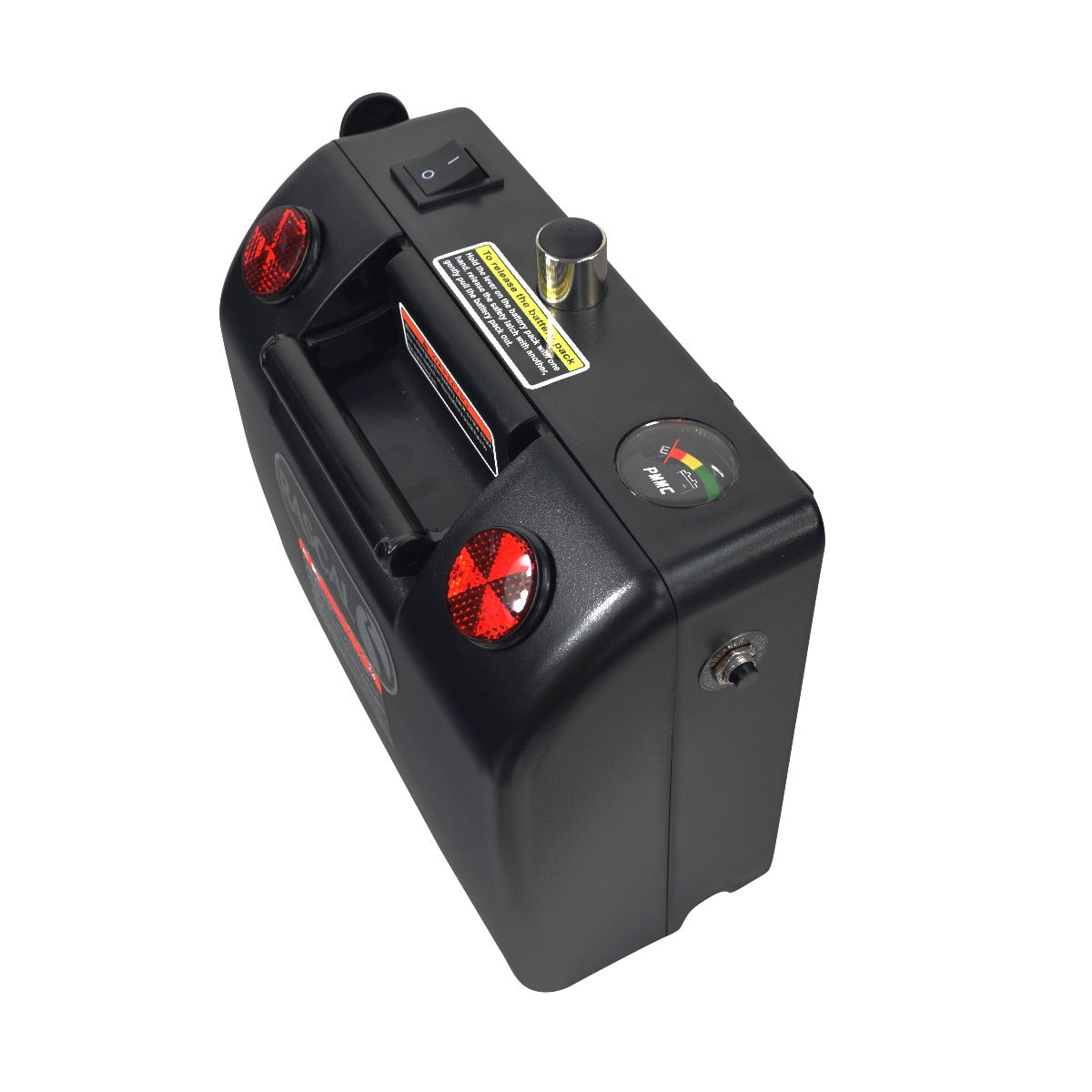 24 Volt 12 Ah Battery Box with Batteries for Rascal Fold N Go 350/355, featuring a black machine with red buttons, pre-installed batteries, and ready to mount on your scooter.