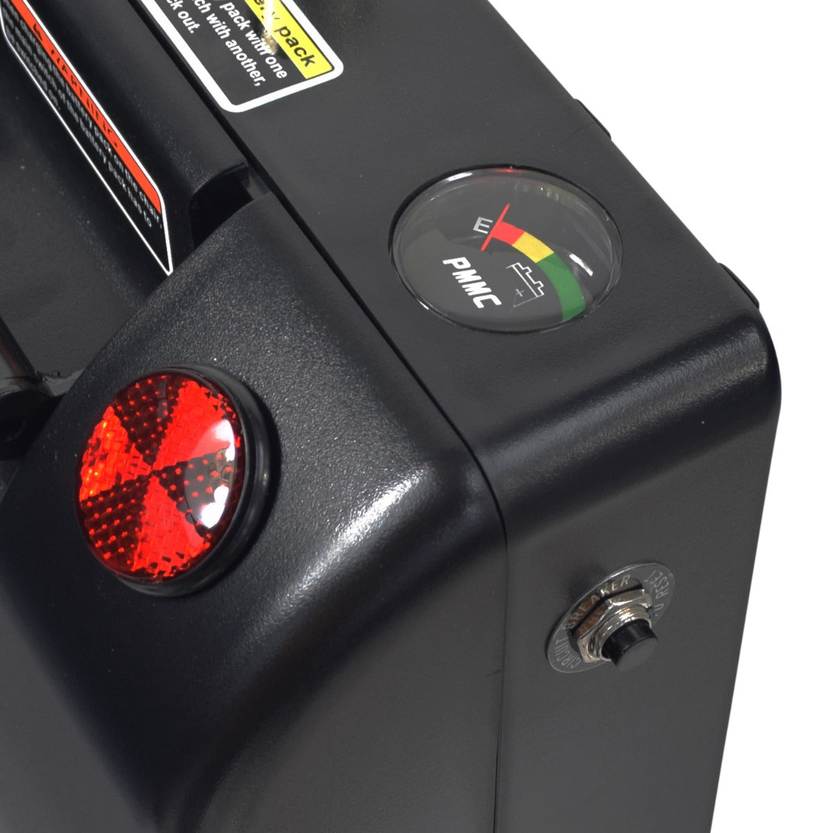 24 Volt 12 Ah Battery Box with Batteries for the Rascal Fold N Go 350/355, featuring a close-up of the device's speedometer, gauge, and switch, showcasing its detailed components ready for installation.