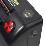 24 Volt 12 Ah Battery Box with Batteries for the Rascal Fold N Go 350/355, featuring a close-up of the device's speedometer, gauge, and switch, showcasing its detailed components ready for installation.