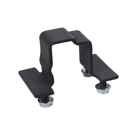 Drive Train Steel Clamp for the Rascal 240 Deluxe, black metal with screws, designed to secure the transaxle drivetrain on the scooter's frame. Minor blemishes may appear but do not affect function.