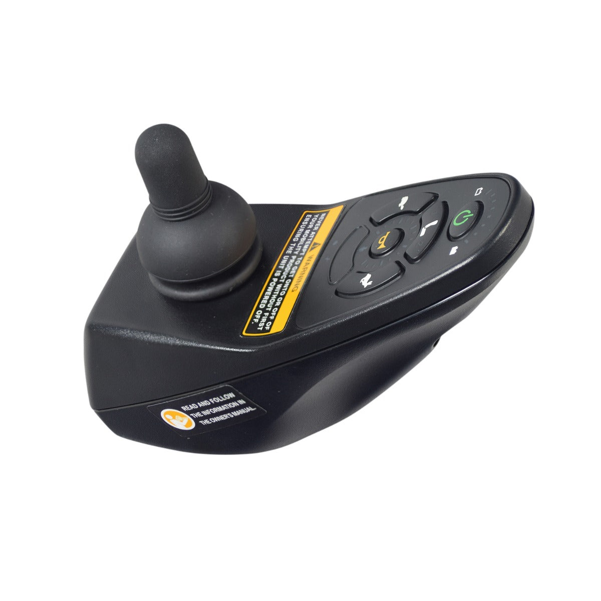 5-Key Dynamic Shark Joystick Remote for the Merits Vision Sport Lift (P326D) Power Chair with a sleek design, featuring a ball-topped joystick, multiple buttons, a speedometer, and replaceable bus cables.