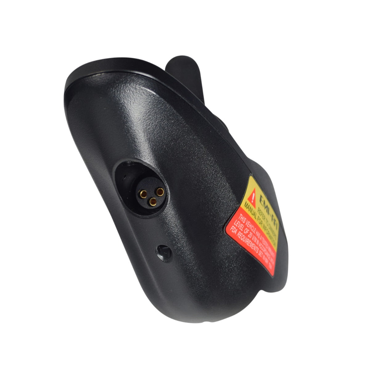 5-Key Dynamic Shark Joystick Remote for the Merits Vision Sport Lift (P326D) Power Chair, featuring a yellow label, circular speedometer, and a close-up of the plug and warning label.