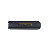 Short Black Armrest Pad for Merits and Rascal Power Chairs, featuring a black rectangular shape with yellow markings, designed for desk-length compatibility with Merits P310, P320, P326A, and P327 models.