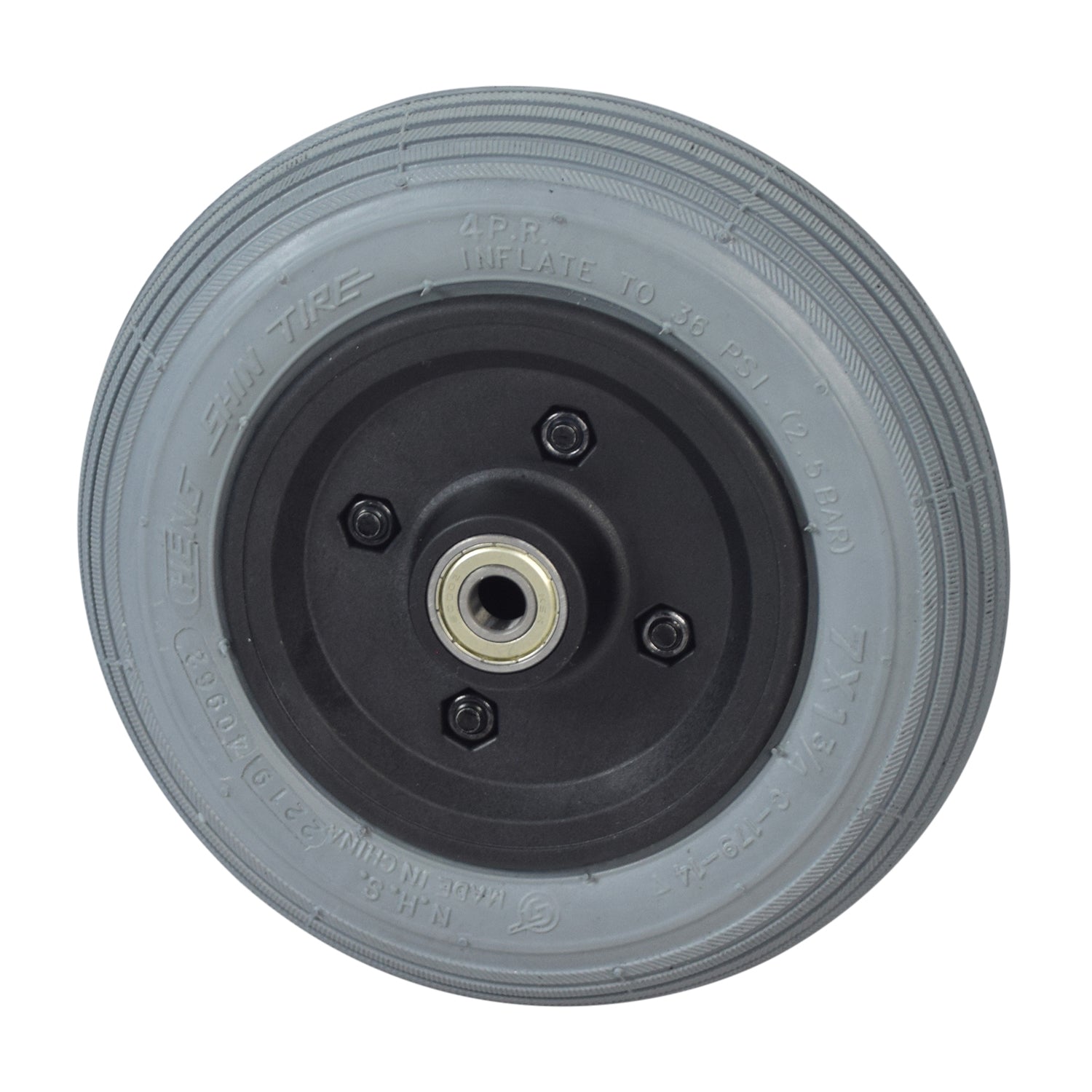 Front Caster Wheel Assembly for Rascal 320 featuring a black rim, ribbed tread, and visible metal bearings, designed for smooth riding and flat-free dependability.