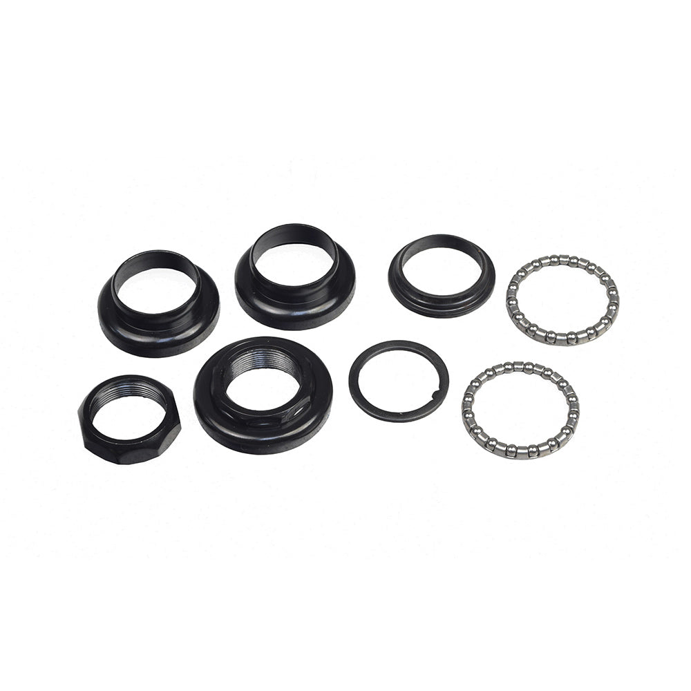 Headset Bearing Kit for Merits Atlantis, Pioneer 3, Swift, & Regal mobility scooters, featuring black metal hex nut, cones, ball bearings, and bearing races.