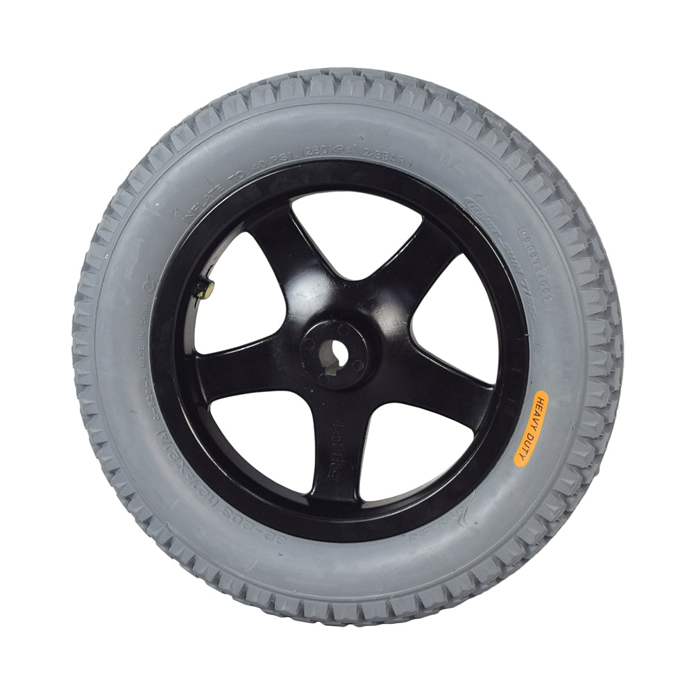 12-1/2 Foam Filled Drive Wheel Assembly for Merits Travel Ease Commuter Series Folding Power Chairs, featuring a tire with a black rim and a visible yellow label, designed for flat-free dependability.