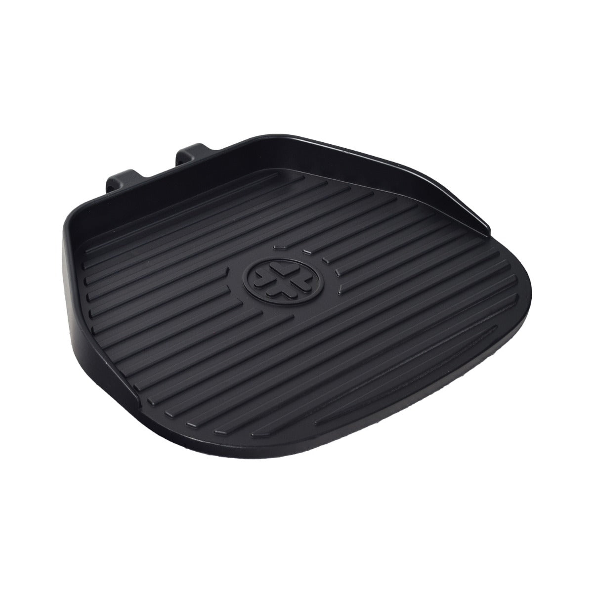 Black square footplate without hardware for the Merits Junior (P320/P3201/P32011/P32012) and Vision Sport (P326) power chairs, featuring a cross pattern on its surface.