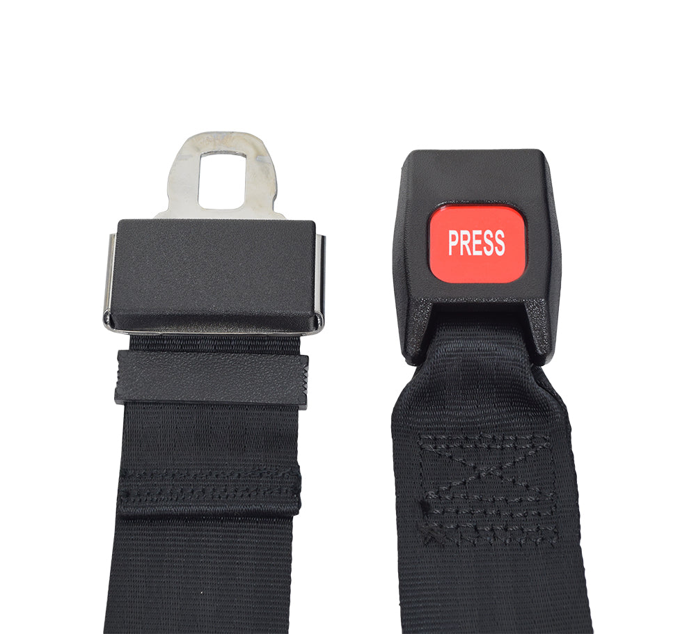 60 Seat Belt for the Merits Atlantis 1 (P710), Atlantis 2 (P720), & Gemini (P301) Power Chairs, featuring a close-up of a black strap with a red press button for secure fastening.