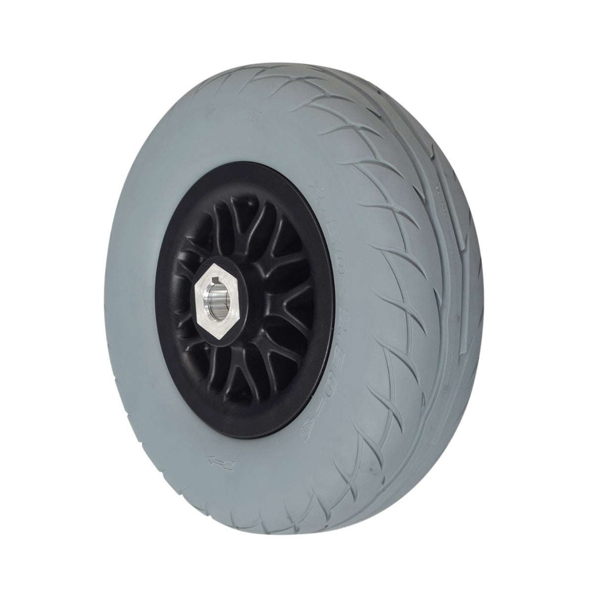 Rear Wheel Assembly for the Merits Mini Coupe (S539) Mobility Scooter, featuring a black rim and flat-free solid tire with directional tread.