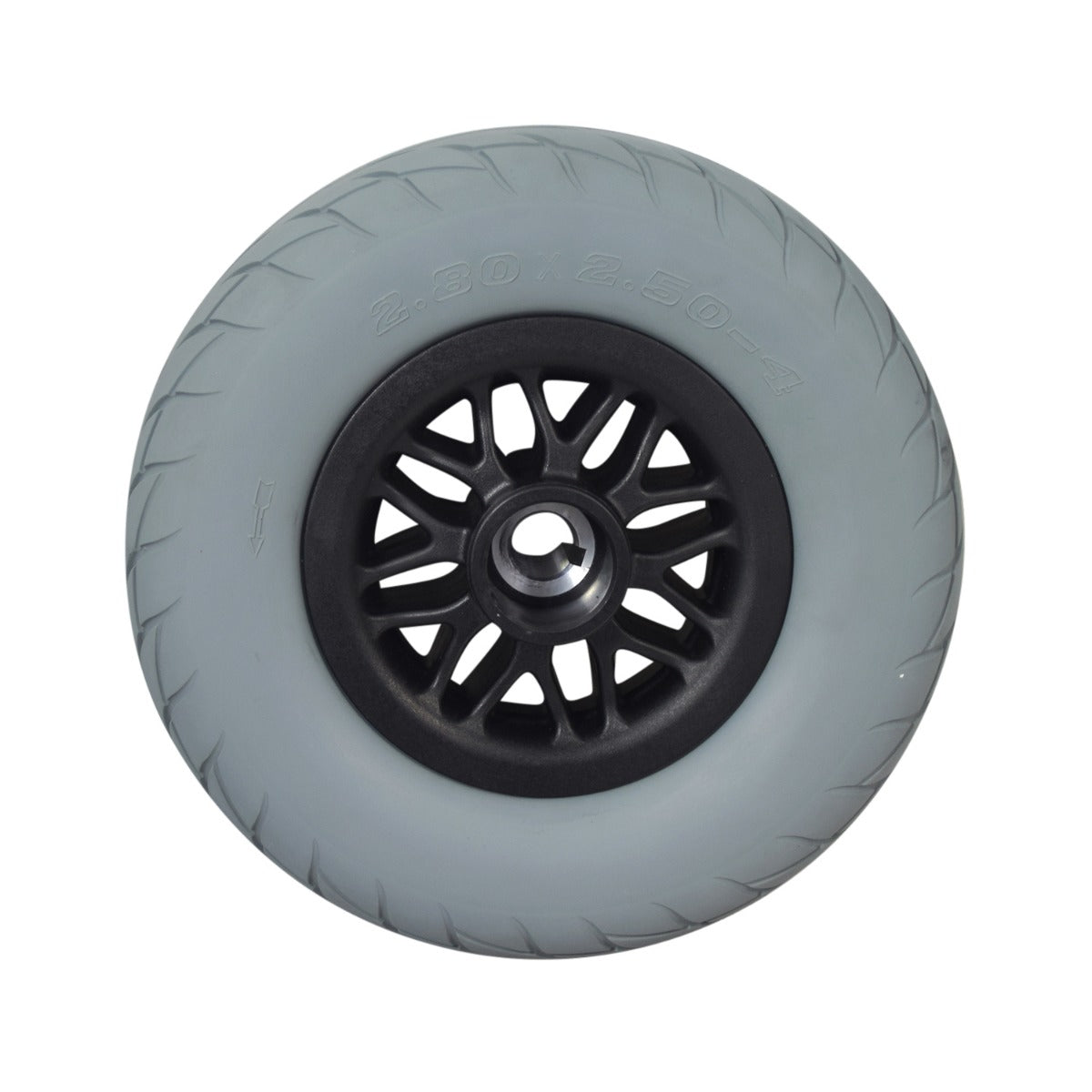 Rear Wheel Assembly for the Merits Mini Coupe (S539) Mobility Scooter, featuring a black rim and solid tire with directional tread, suitable for left or right side configurations.