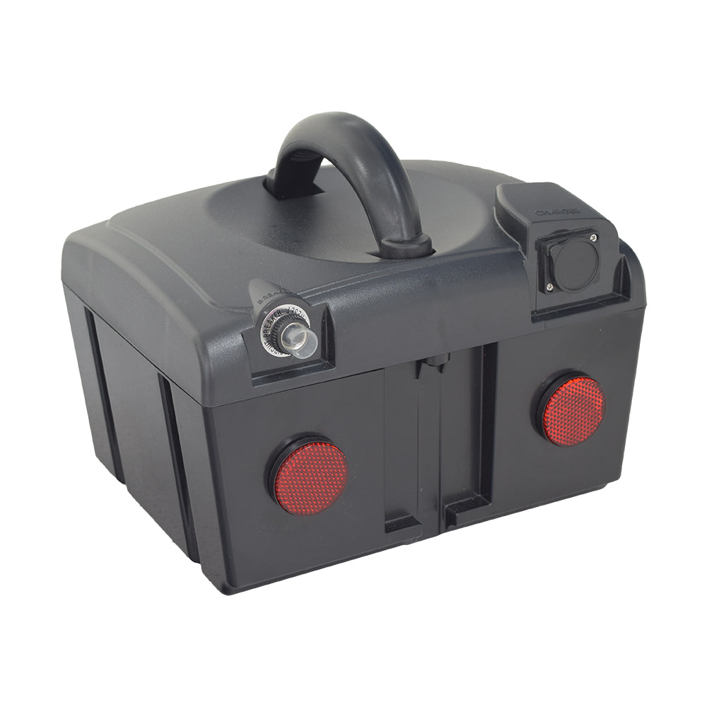 Battery Box Assembly with 15Ah Batteries for the Merits Cruiser Q (S5381/S5481) & Mini Coupe (S549) showing black casing with red indicator lights and a handle, designed for easy mounting on scooters.