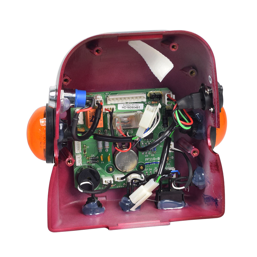 Console with Front-to-Rear Wiring Harness for the Merits Pioneer 3 (S131) mobility scooter, featuring a red and white machine with visible circuit components, wires, and integrated electronic elements.