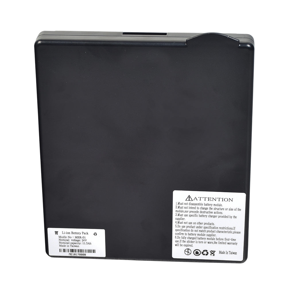 24 Volt 11.5 Ah Lithium-ion Battery Pack for the Merits Yoga (S542) - a black rectangular battery with white labels, showcasing compact and efficient design.