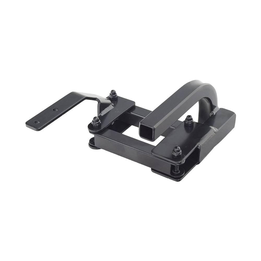 Right Hand Swingaway Joystick Bracket for Merits Power Chairs with the Dynamic LiNX; a black metal object with screws and a square tube.