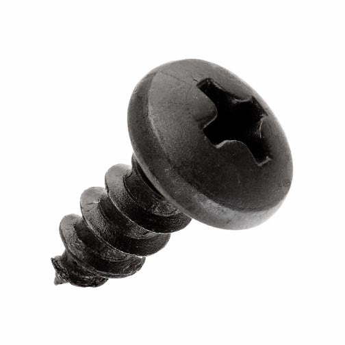 M4x10 mm Black Pan Head Sheet Metal Screw (SCRPPSM1029), close-up view showing its cross-shaped head, essential for securing battery doors on Jazzy 600 power chairs and versatile for various fastening tasks.