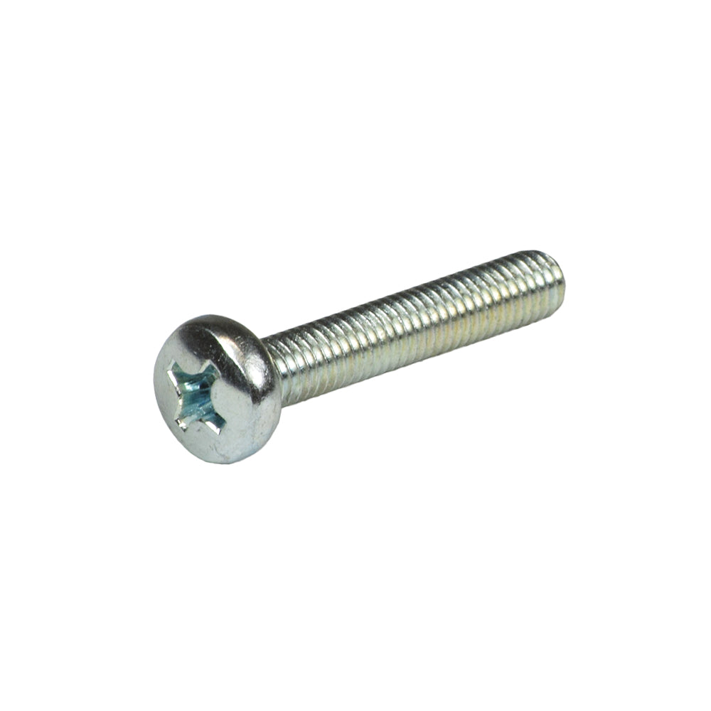 Close-up of the M6-1.0x35 mm Pan Head Machine Screw (SCRPPH1020), showcasing its pan head and threading, used in various Pride Mobility scooters for fastening armrests, basket hangers, and other attachments.