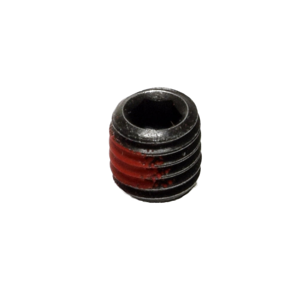 M6-1.0x6 mm Set Screw (SCRSETS1102), close-up of a black screw with a nylon patch, ideal for freewheel release levers and foot rigging hangers on Pride Mobility electric power chairs.