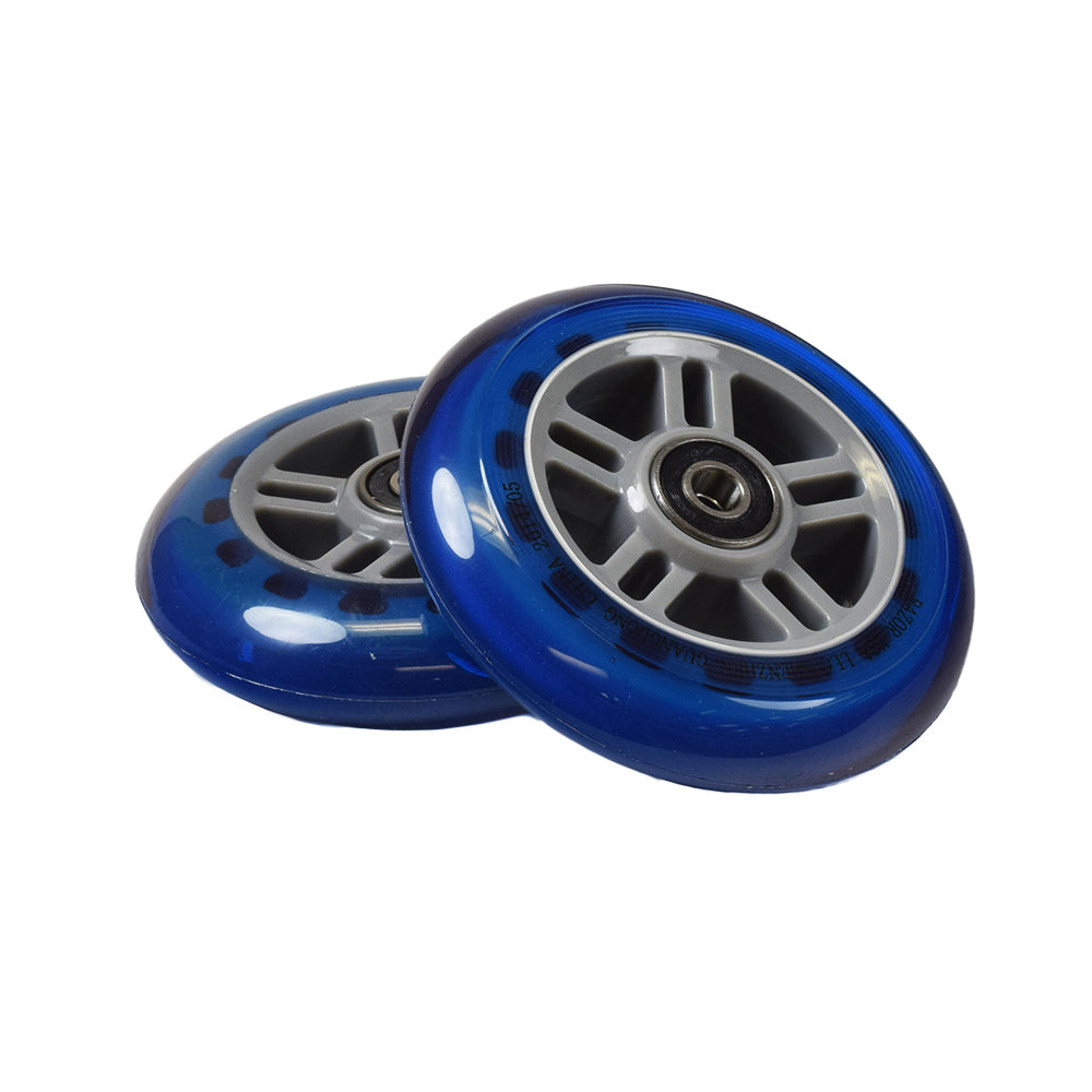 98 mm Razor A Kick Scooter Wheels with Bearings (Set of 2), featuring durable polyurethane material and ABEC-5 bearings. The set includes two blue wheels, enhancing scooter performance and style.