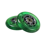 98 mm Razor A Kick Scooter Wheels with Bearings (Set of 2) featuring durable polyurethane material and ABEC-5 bearings, shown in a close-up image highlighting their silver centers.