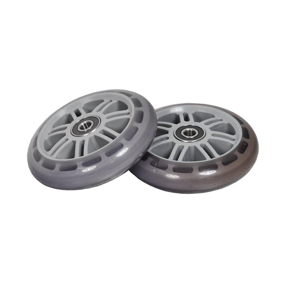 98 mm Razor A Kick Scooter Wheels with Bearings (Set of 2), shown as a pair of grey polyurethane wheels with metal centers and included ABEC-5 bearings, compatible with various Razor scooter models.